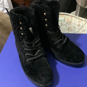 Stuart Weitzman black curly velvet combat boots size 4
